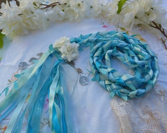 Aqua blue woodland wedding cord with leaf trim, lace ,hand stitched flowers and silvertone trees and filigree leaves