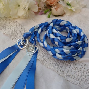 Royal blue hand fasting wedding cord - silver celtic heart infinity knot charms