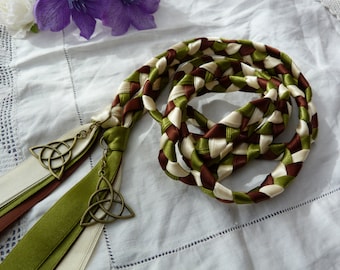 Celtic triquetra knot hand fasting wedding cord - chocolate brown, ivory and moss green with bronze charms