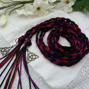 Celtic satin silky cord - handfasting wedding - black, purple, burgundy red - bronze celtic triquetra knots