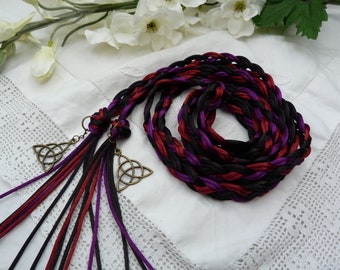 Celtic satin silky cord - handfasting wedding - black, purple, burgundy red - bronze celtic triquetra knots