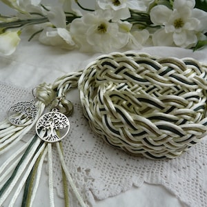 Ivory and green- Celtic 12 strand wide weave satin silky cord - hand fasting wedding - tree of life charms