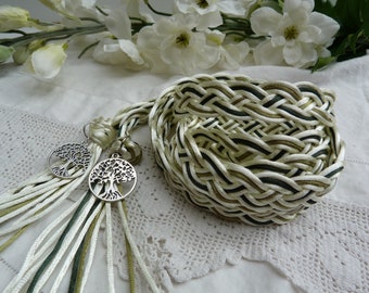 Ivory and green- Celtic 12 strand wide weave satin silky cord - hand fasting wedding - tree of life charms