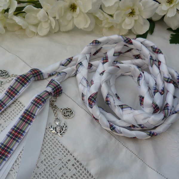 White tartan - Hand fasting cord- Scottish wedding- dress Stewart -celtic knot and scottish thistle charms