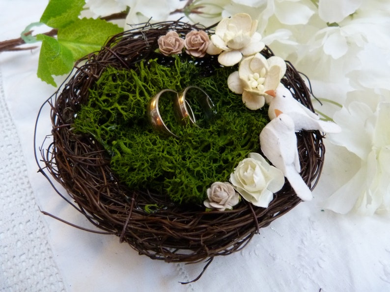woodland wedding White love bird nest ring bearer pillow with white and ivory flowers and real moss country wedding