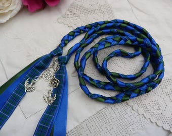 Douglas tartan - Handfasting wedding cord- official blue tartan, royal blue and green - celtic knot and scottish thistle charms