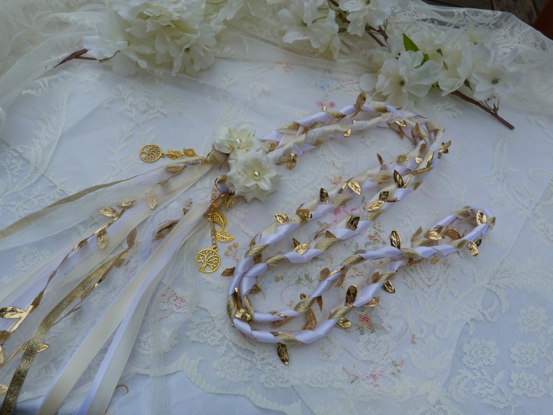 Gold, ivory and white lace hand fasting wedding cord with hand stitched flowers and gold trees and leaves woodland wedding binding cord image 3