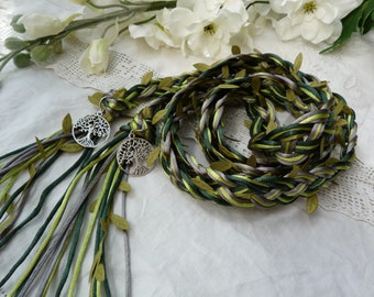 Woodland Celtic 12 strand wide weave satin silky cord with leaves - all the greens - hand fasting wedding - with tree of life charms