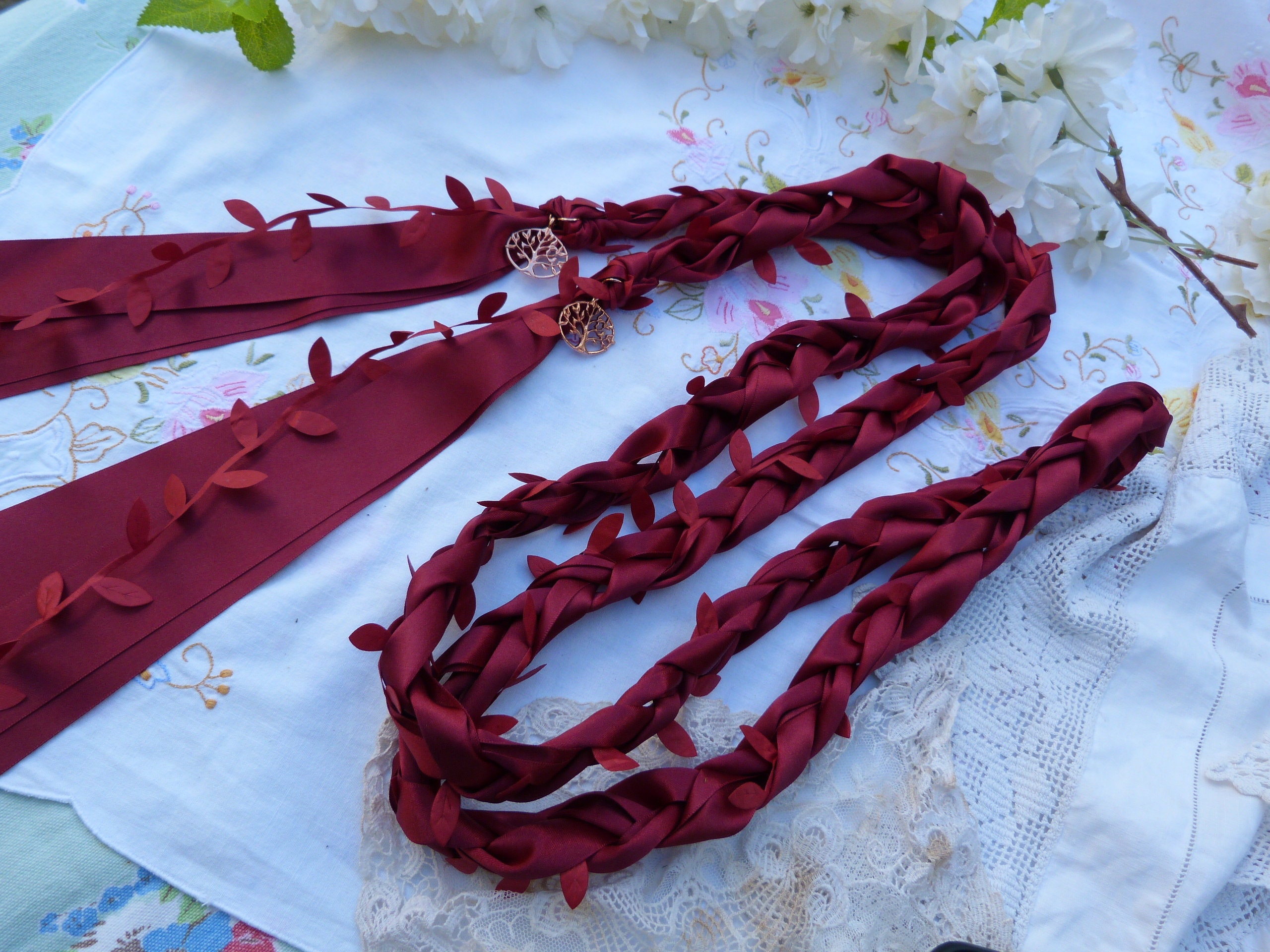 Hadn Ribbons Deep Red Hand Fasting Wedding Cord - Wide Satin Ribbon and Leaves ...