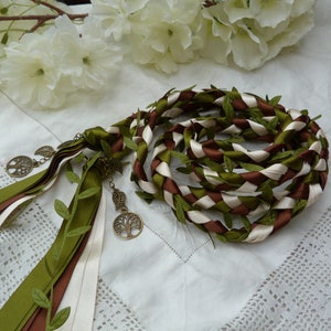 Woodland wedding cord- Moss green, chocolate and ivory - with green leaves and bronze tree of life charms