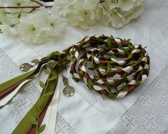 Woodland wedding cord- Moss green, chocolate and ivory - with green leaves and bronze tree of life charms