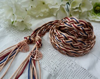 Rose gold, navy, burgundy wide flat weave satin silky hand fasting Celtic wedding cord - 12 strand - rose gold tree of life charms