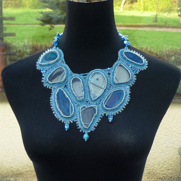 blue agate bead embroidered collar style necklace.