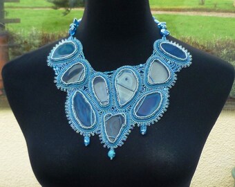 blue agate bead embroidered collar style necklace.