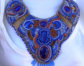 SALE Blue Cat's Eye stones, bead embroidered collar necklace