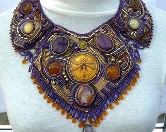 SALE Dragonfly purple and gold  beaded collar necklace