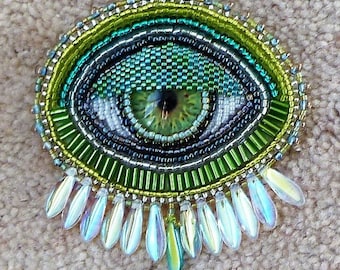 Green and silver 'EYE' hand beaded brooch/pin