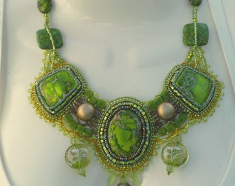 Spring green jasper bead embroidered necklace