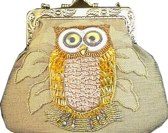 Purse/handbag with bead embroidered  OWL fabric and Kiss Clasp...