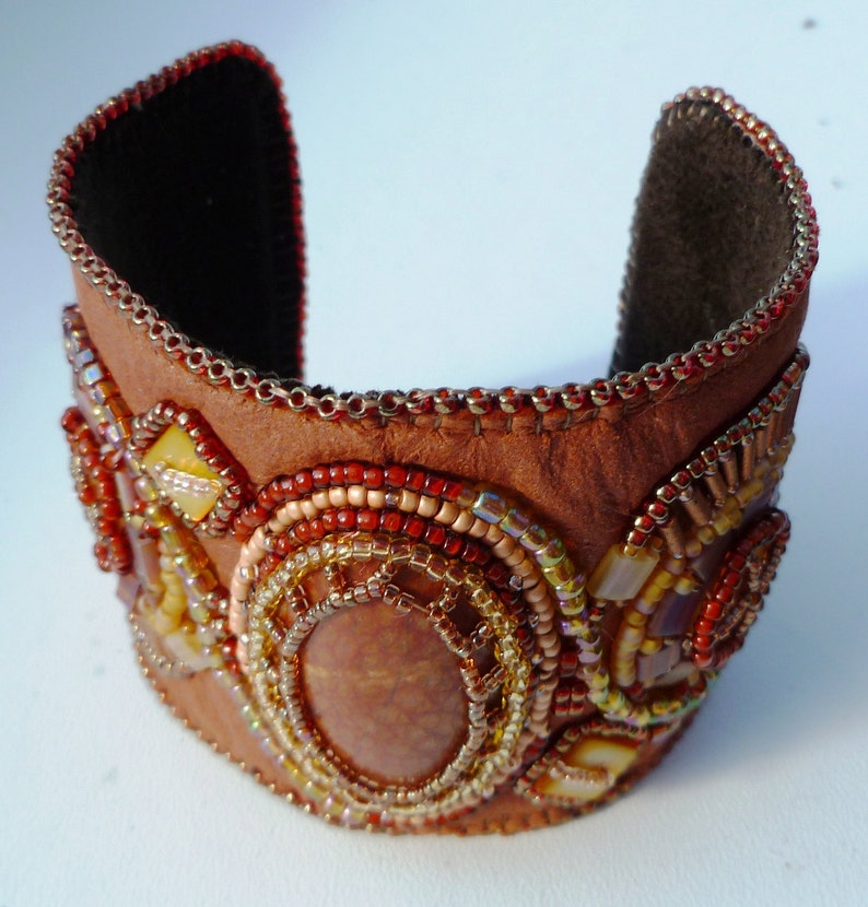 Tan leather bead embroidered cuff Etsy