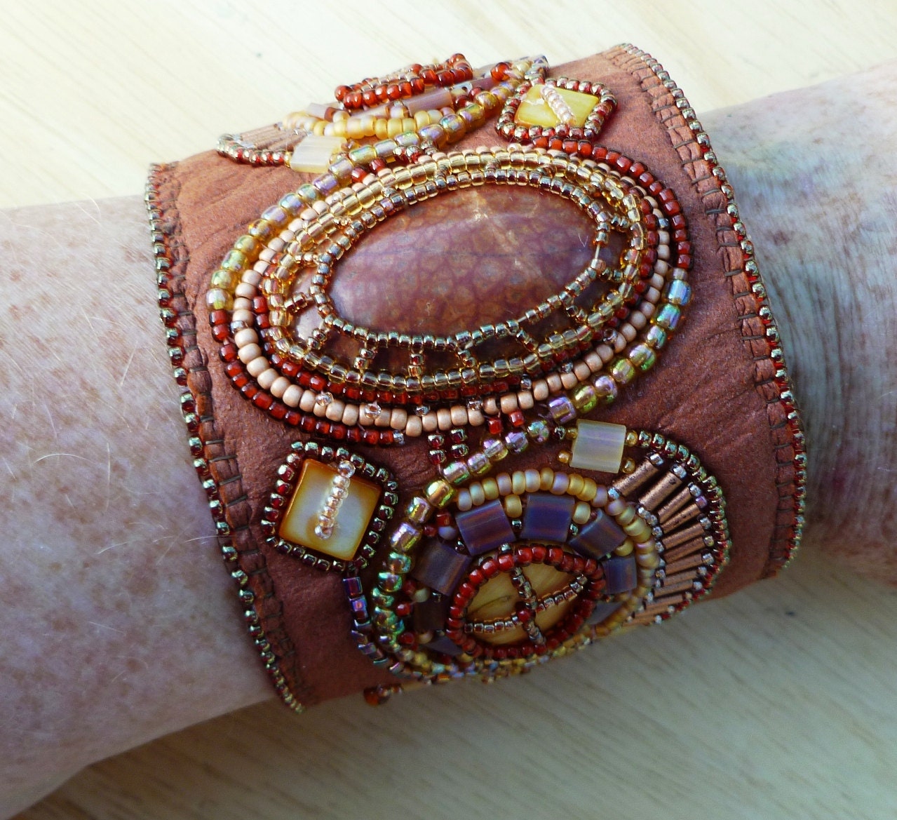 Tan leather bead embroidered cuff Etsy