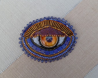 Copper and Indigo 'EYE' hand-beaded brooch/pin