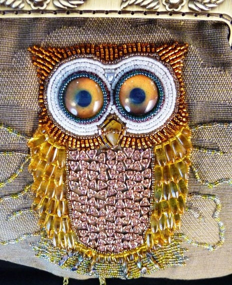 Purse/handbag with bead embroidered  OWL fabric and Kiss Clasp...