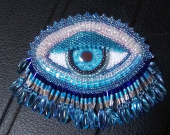 beaded 'EYE' brooch in BLUE and SILVER