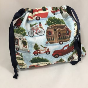 Christmas Camper Fabric Project Bag: Quilting Cotton Yarn Tote