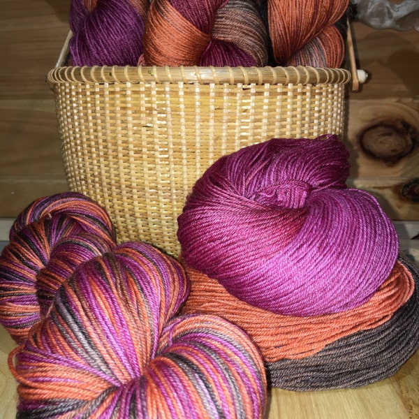 Promo code:WOOL15 Sock yarn 4 oz 433 yards superwash merino nylonTencel Falling Leaves pumpkin, dark berry dark brown handdyed