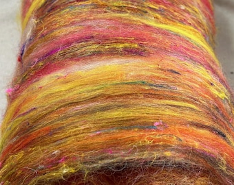 4.6 oz batt Promo code:WOOL15  Merino domestic wool Silk Sari silk Red rose yellow orange black toffee white  wool spinning felt/spin