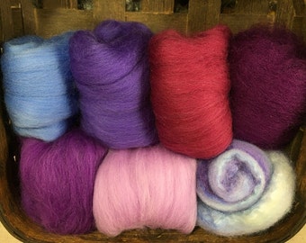 MERINO 2 oz wool PURPLES  color pack needle felt combed top wet felting, fiber arts
