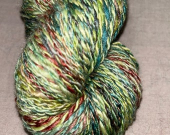 Bfl silk Spend75 enter CODE: FREESHIP Handspun Green multi color yarn knit weave crochet  75/25 BFL/Tussah silk 2ply hand dyed 220 yds 3.8oz