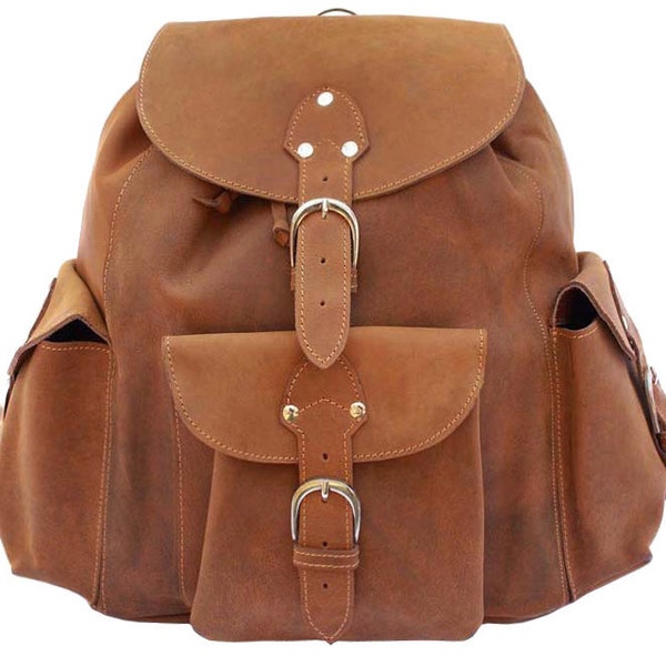 Made in USA Leather Backpack Book Bag - Buckskin Tan Distressed, Rugged