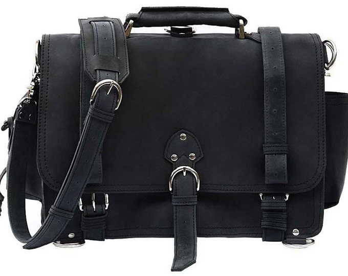Leather Messenger Bag Briefcase Backpack MEDIUM Charcoal Black, Made in