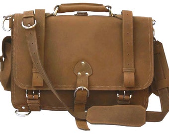 USA Made! Messenger Bag Leather Briefcase Backpack LARGE - Buckskin Tan Distressed, Rugged