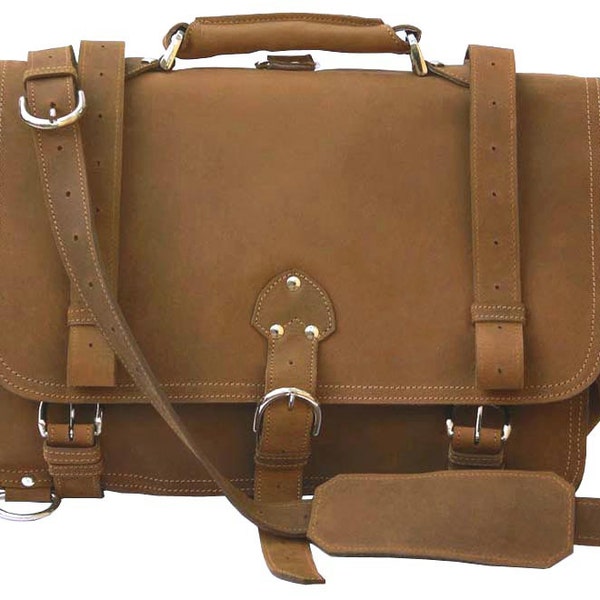 USA Made! Messenger Bag Leather Briefcase Backpack LARGE - Buckskin Tan Distressed, Rugged