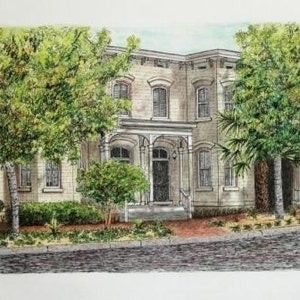 May include: A white, two-story house with a porch and columns. The house has a green roof and is surrounded by trees.