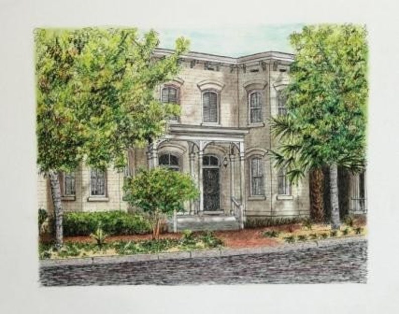 May include: A white, two-story house with a porch and columns. The house has a green roof and is surrounded by trees.