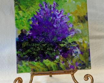 Mini purple bush canvas painting, 4"X4" original acrylic botanical art, kitchen wall decor, green, purple, sfa , flower painting