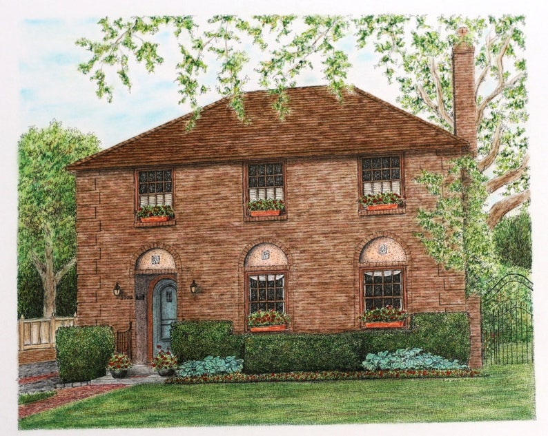 Custom Home Portrait 20x14 Pen and Ink with Pastel Color, Original Architectural Art, House Portrait, Wedding Venue Art, Anniversary Gift image 2