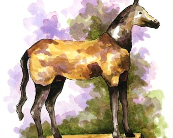 Watercolor horse, original primitive art 7.5" x 10" art pen and ink equine animal art, gold green purple home decor, abstract painting