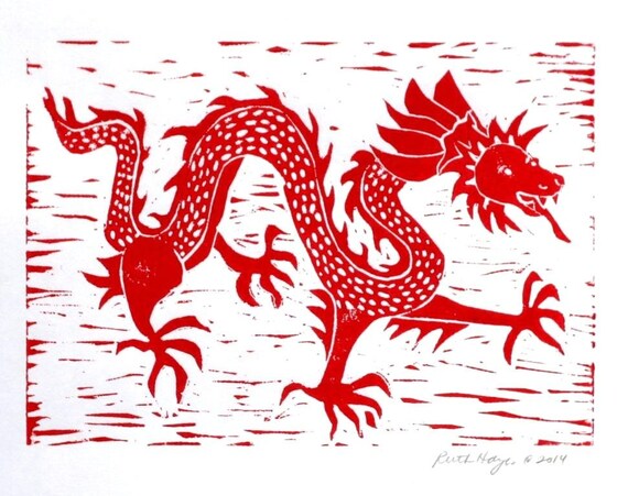 chinese red dragon linocut