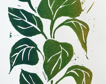 Graded color house plant linocut print,  original art block print, blue green, sfa, botanical art, mini art. leaf print