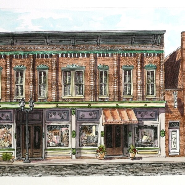 Jasper Indiana Architectural Art Watercolor Pen and Ink Brick Streetscape Original Home Wall Decor 12" x 7.5" Orange