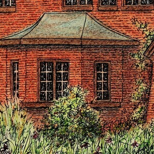 May include: A brick building with a green roof and windows. The building is surrounded by green plants and flowers.