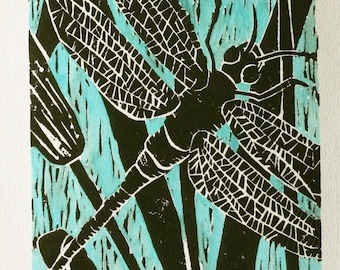 Dragonfly linocut 5x7 original block print, flying insect art, teal blue black, hand pulled folk art print, insect lover gift