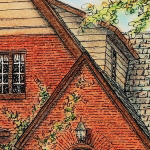 May include: A close-up of a brick building with a brown roof and a window with black trim. The building has a brick chimney and a stone wall. There is a green vine growing on the side of the building.