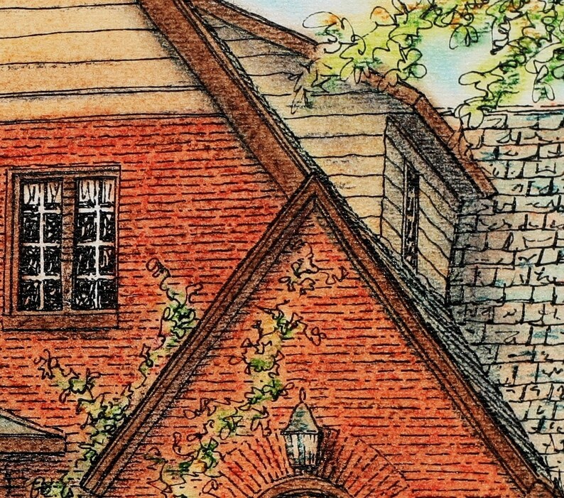 May include: A close-up of a brick building with a brown roof and a window with black trim. The building has a brick chimney and a stone wall. There is a green vine growing on the side of the building.