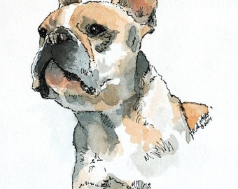 Custom watercolor pet portrait 10"x8" original animal art pen and ink cat dog portrait, pet memorial, French bulldog, dog lover's gift